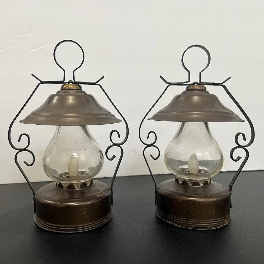 Vintage Set of 2 Miniature‎ Battery Operated Lanterns Made in Japan Bronze Metal